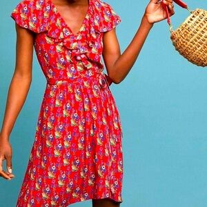 $150 Anthropologie Maeve Wrap Dress Red Floral Rosalia Ruffle Sleeveless Sz 0